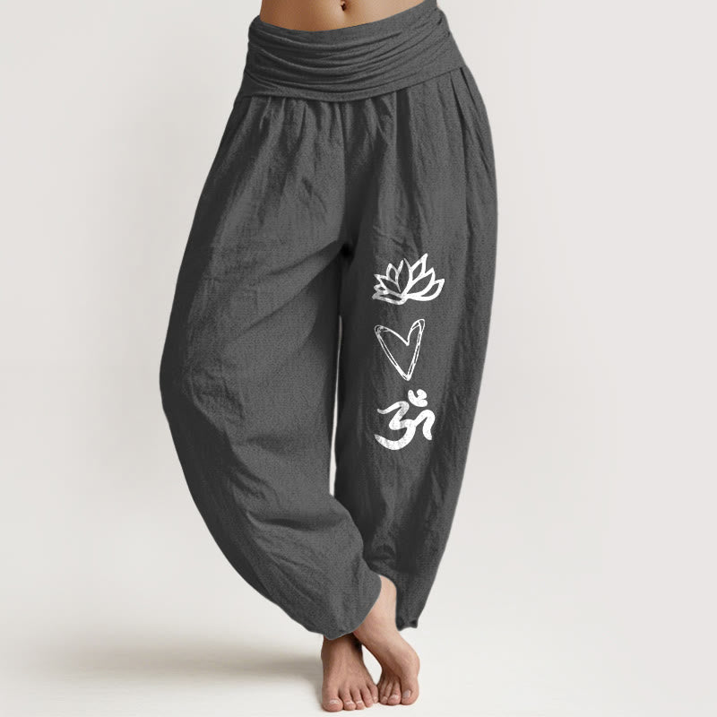 Nimara Ritual Pure Cotton Lotus Heart Shape Om Symbol Pattern Women's Elastic Waist Harem Pants
