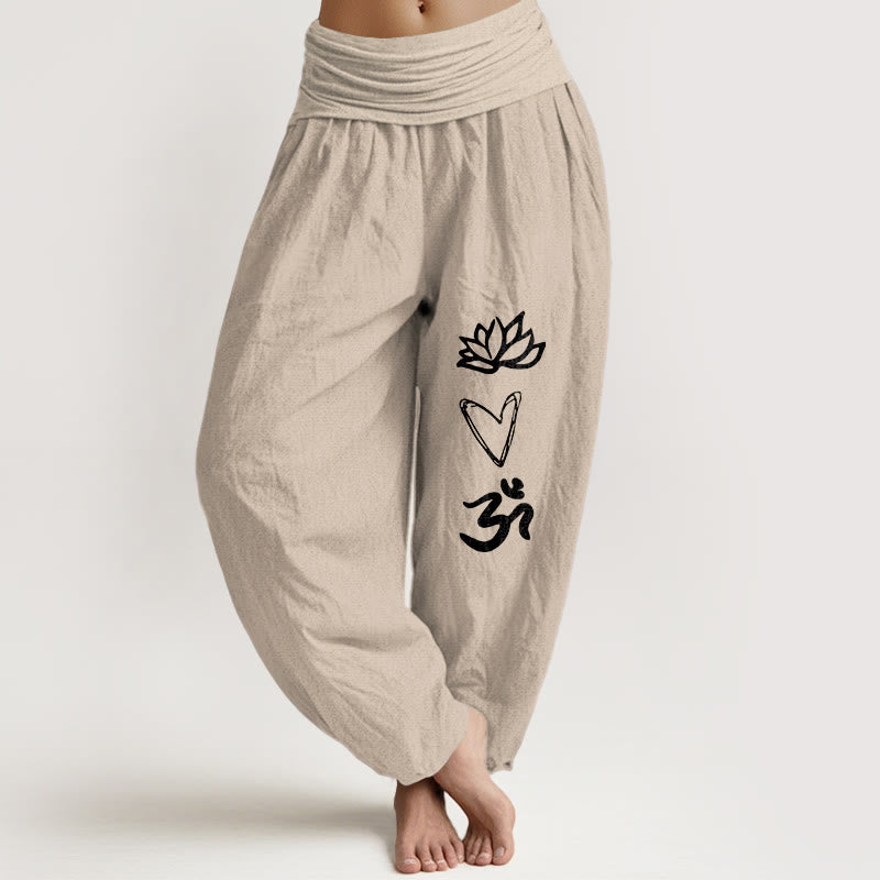 Nimara Ritual Pure Cotton Lotus Heart Shape Om Symbol Pattern Women's Elastic Waist Harem Pants