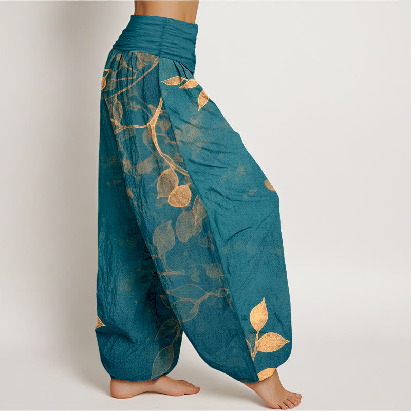 Nimara Ritual Pure Cotton Softly Colored Leaves Pattern Women's Elastic Waist Harem Pants
