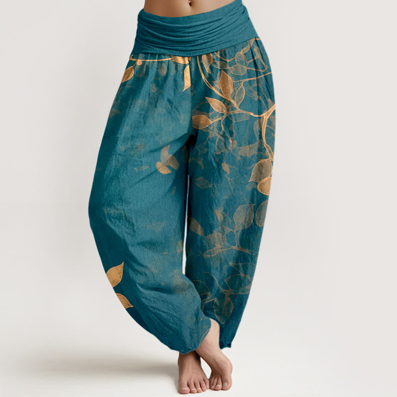 Nimara Ritual Pure Cotton Softly Colored Leaves Pattern Women's Elastic Waist Harem Pants