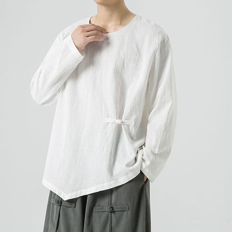 Nimara Ritual Men's Chinese Frog-Button Plain Design Cotton Long Sleeve T-Shirt Zen Clothing