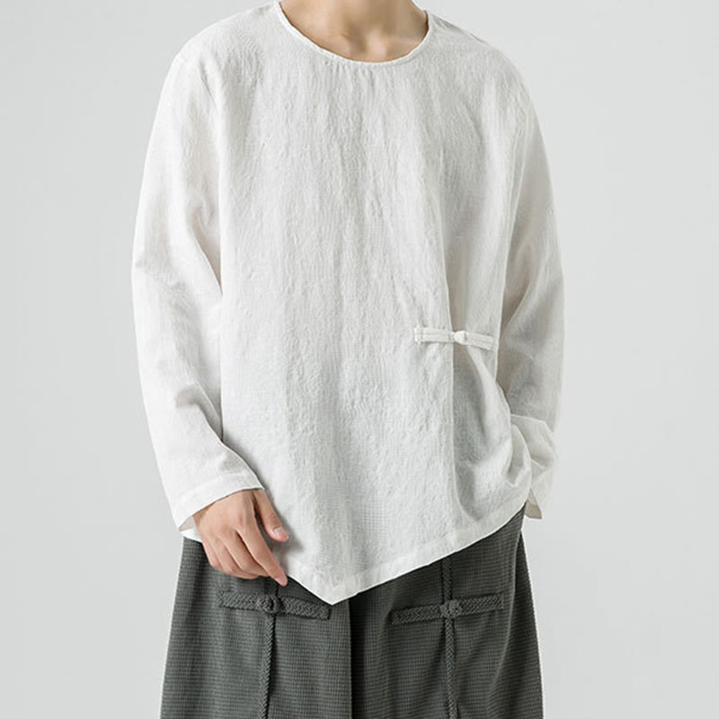 Nimara Ritual Men's Chinese Frog-Button Plain Design Cotton Long Sleeve T-Shirt Zen Clothing