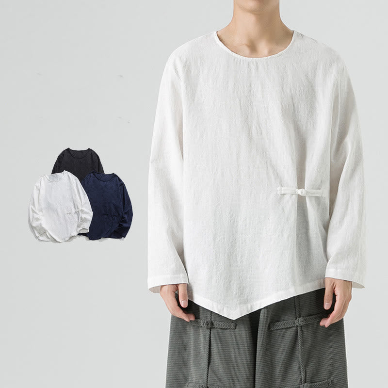 Nimara Ritual Men's Chinese Frog-Button Plain Design Cotton Long Sleeve T-Shirt Zen Clothing
