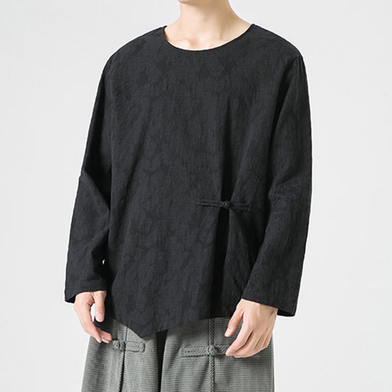Nimara Ritual Men's Chinese Frog-Button Plain Design Cotton Long Sleeve T-Shirt Zen Clothing