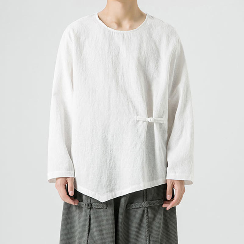 Nimara Ritual Men's Chinese Frog-Button Plain Design Cotton Long Sleeve T-Shirt Zen Clothing