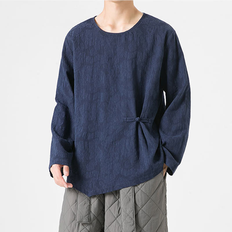 Nimara Ritual Men's Chinese Frog-Button Plain Design Cotton Long Sleeve T-Shirt Zen Clothing