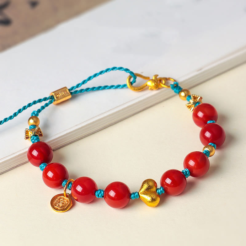 Nimara Ritual 8mm South Red Agate Beads Heart Braided String Success Bracelet