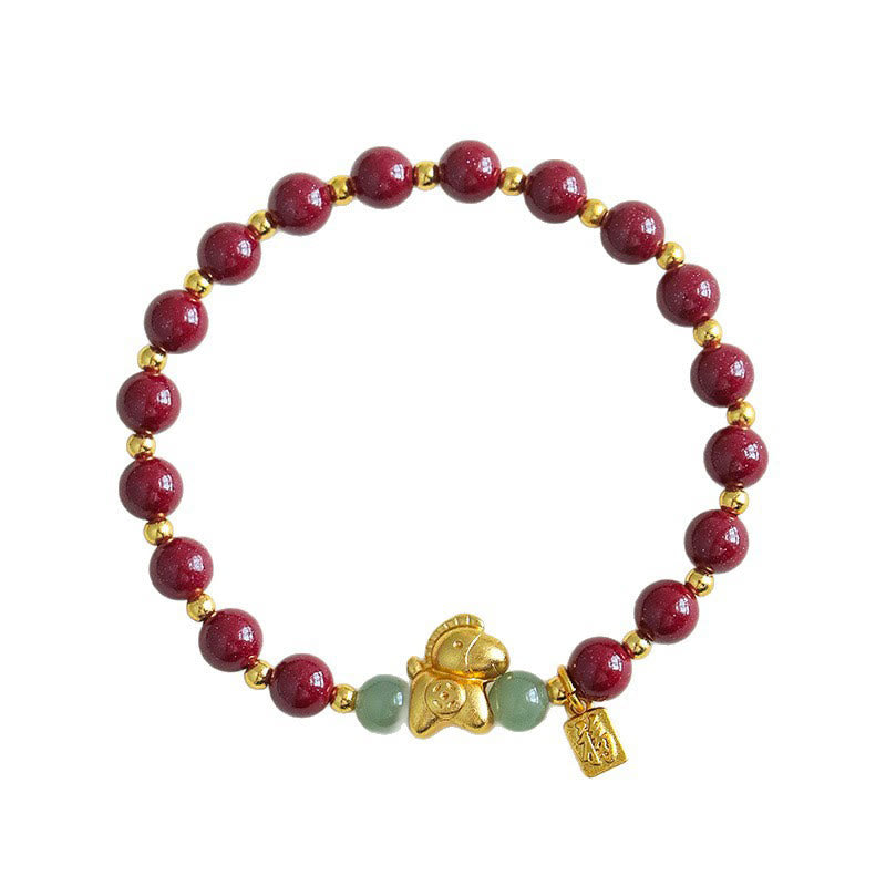 Nimara Ritual Chinese Zodiac Year of the Horse Fu Character Cinnabar Hetian Jade Blessing Bracelet