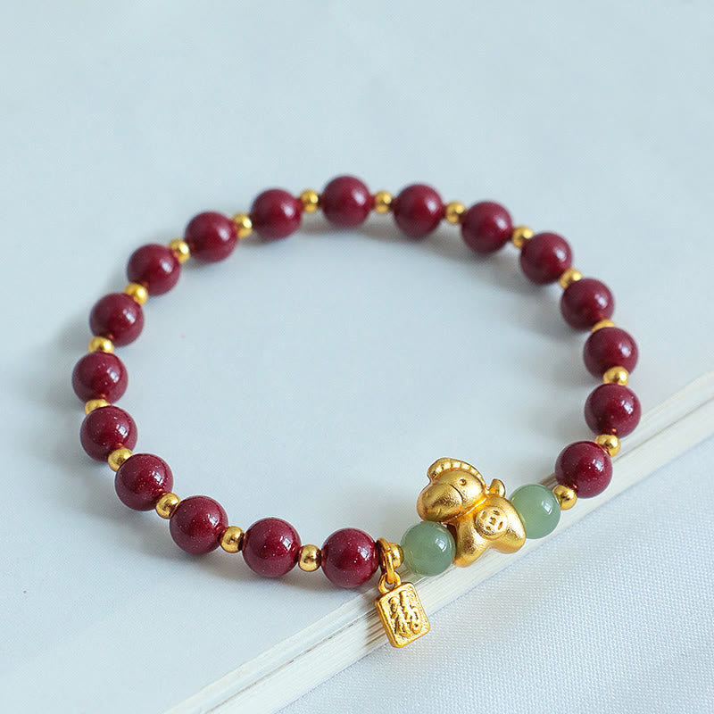 Nimara Ritual Chinese Zodiac Year of the Horse Fu Character Cinnabar Hetian Jade Blessing Bracelet