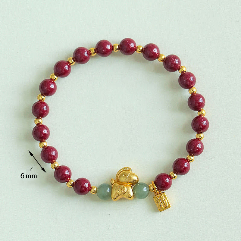Nimara Ritual Chinese Zodiac Year of the Horse Fu Character Cinnabar Hetian Jade Blessing Bracelet
