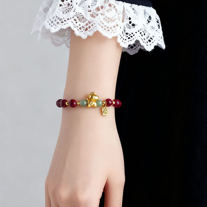 Nimara Ritual Chinese Zodiac Year of the Horse Fu Character Cinnabar Hetian Jade Blessing Bracelet