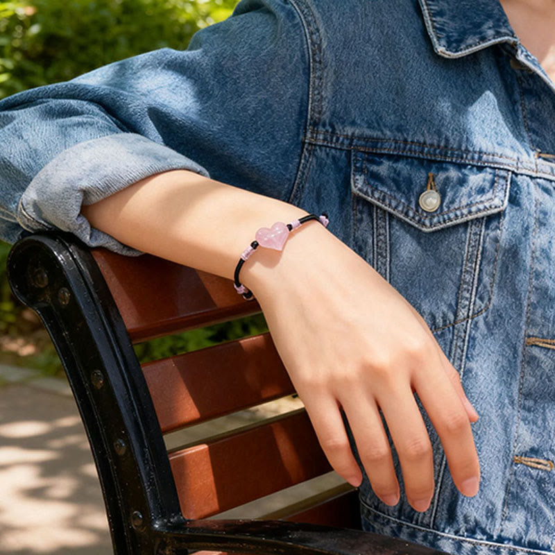 Self-acceptance and Warmth Natural Heart Charm Pink Crystal Braided String Bracelet