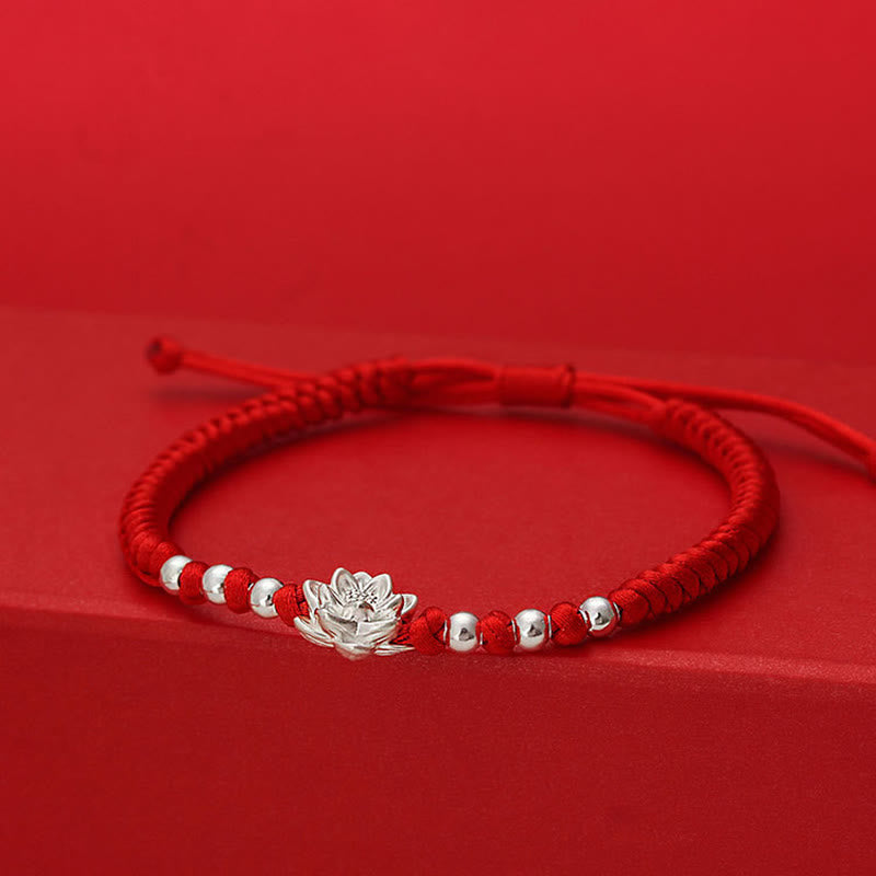 Nimara Ritual 999 Sterling Silver Lotus Symbol 990 Sterling Silver Bead Red String Luck Bracelet