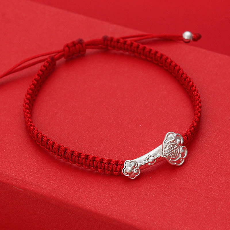 Nimara Ritual 999 Sterling Silver Ruyi Fu Character Luck Red String Connection Braided Bracelet
