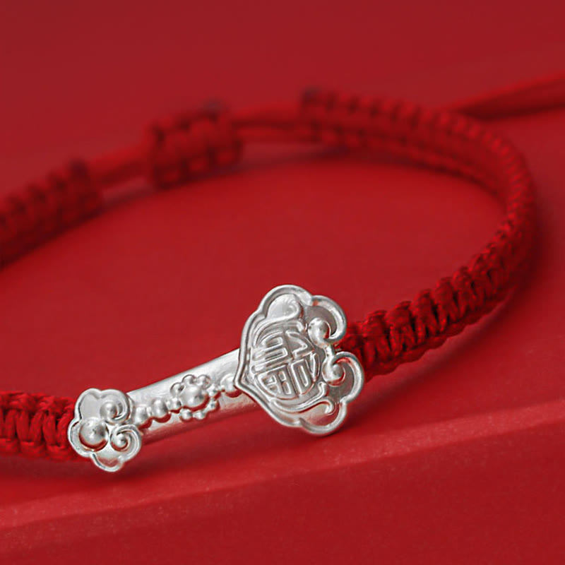 Nimara Ritual 999 Sterling Silver Ruyi Fu Character Luck Red String Connection Braided Bracelet