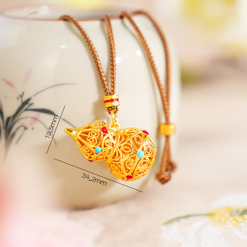 Nimara Ritual Hollow Gourd Design 24k Gold Plated Brass Rope Necklace Pendant