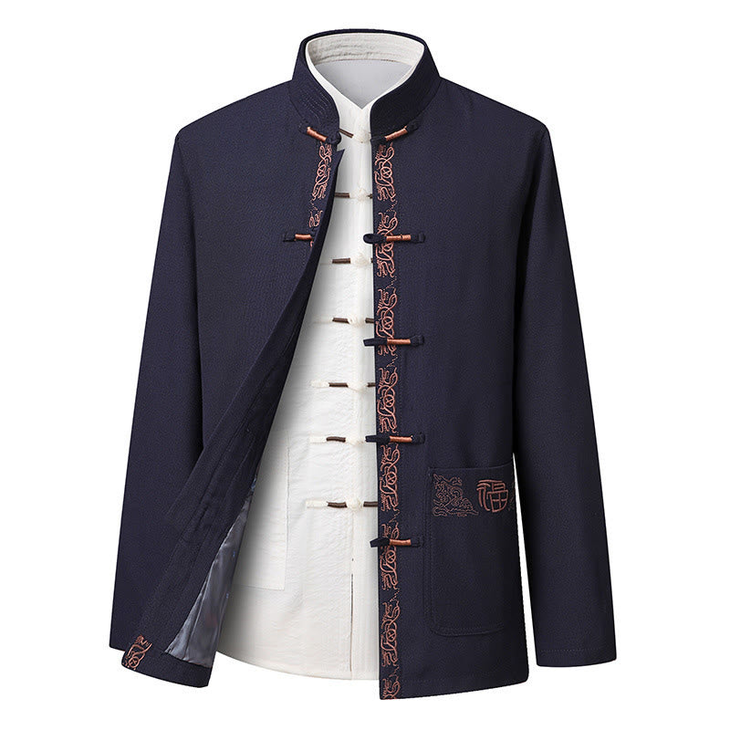Nimara Ritual Fu Character Embroidery Tang Suit Frog-Button Men's Long Sleeve Jacket Shirt Pants