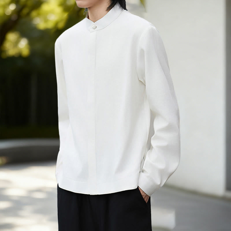 Nimara Ritual Fall Solid Color White Men's Long Sleeve Cotton Linen Shirt Corduroy Kimono