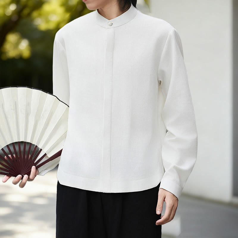 Nimara Ritual Fall Solid Color White Men's Long Sleeve Cotton Linen Shirt Corduroy Kimono
