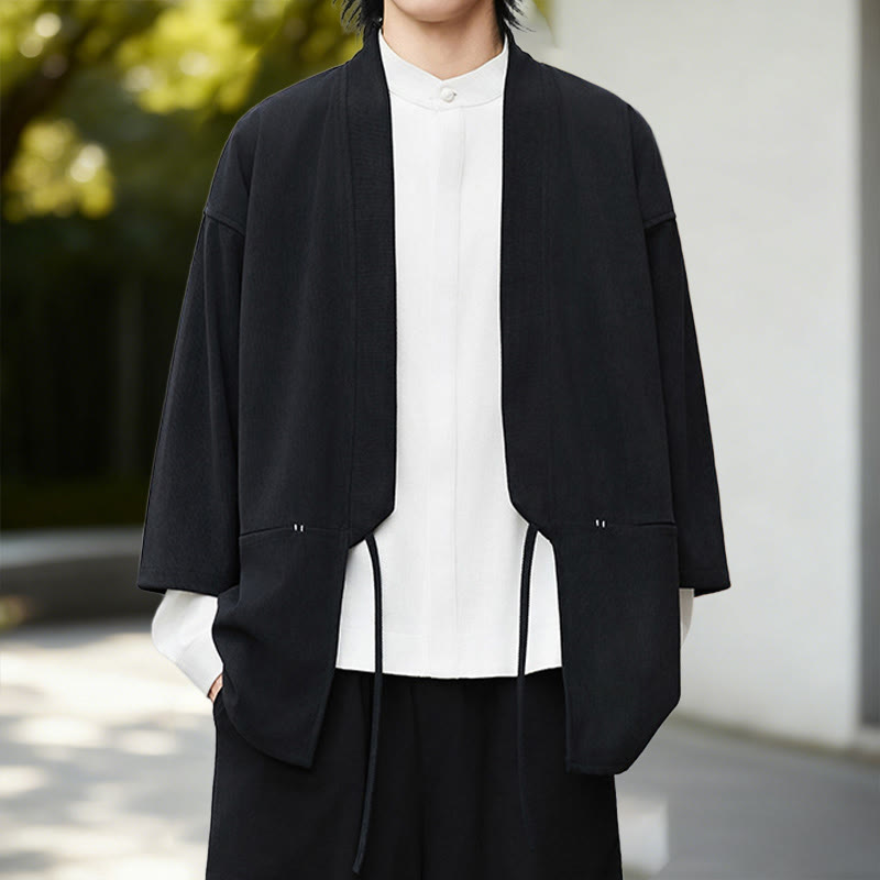 Nimara Ritual Solid Color Open Front Long Sleeve Corduroy Jacket Men's Kimono Cotton Linen Shirt