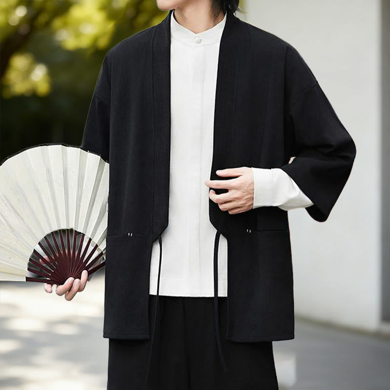 Nimara Ritual Solid Color Open Front Long Sleeve Corduroy Jacket Men's Kimono Cotton Linen Shirt