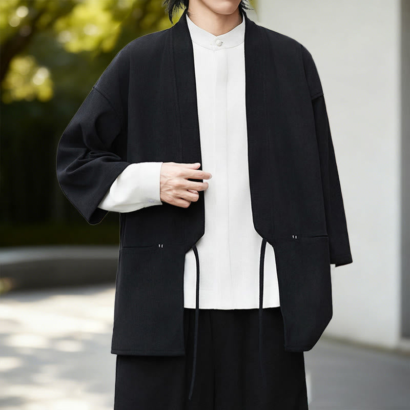 Nimara Ritual Solid Color Open Front Long Sleeve Corduroy Jacket Men's Kimono Cotton Linen Shirt