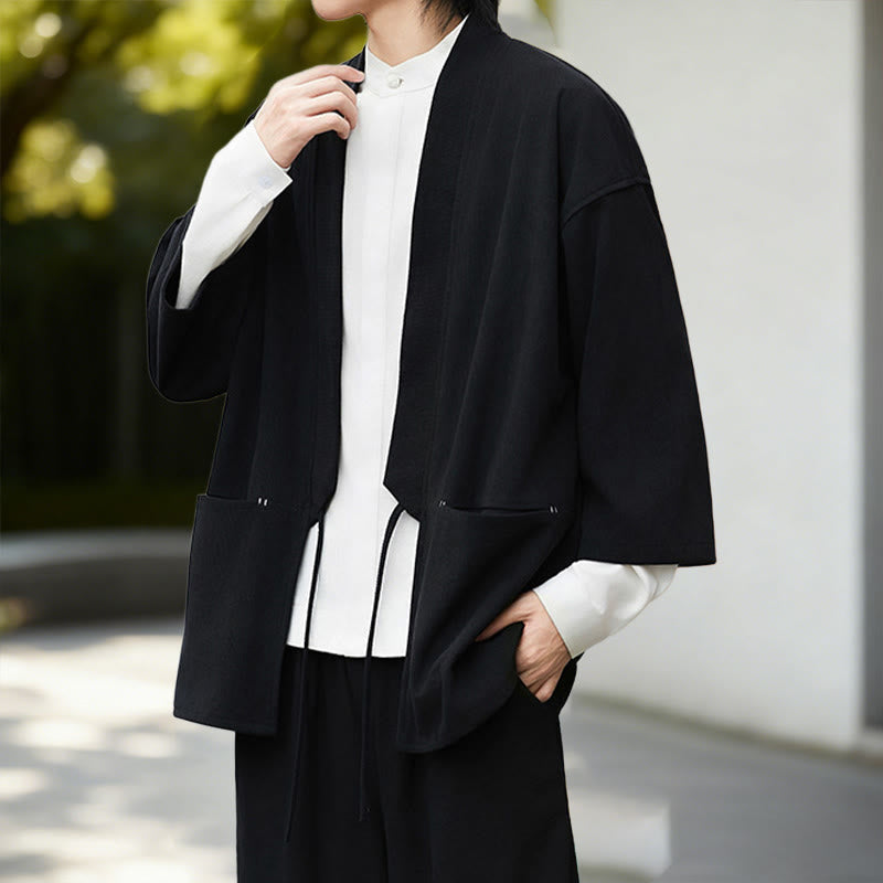 Nimara Ritual Solid Color Open Front Long Sleeve Corduroy Jacket Men's Kimono Cotton Linen Shirt