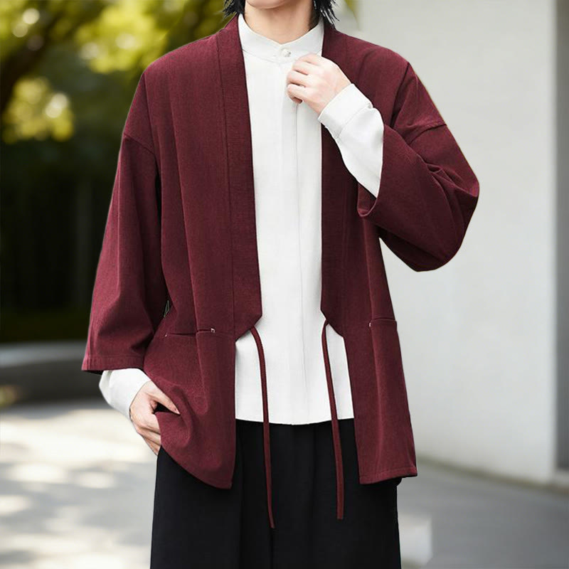 Nimara Ritual Solid Color Open Front Long Sleeve Corduroy Jacket Men's Kimono Cotton Linen Shirt