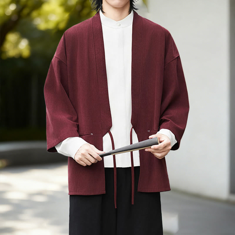 Nimara Ritual Solid Color Open Front Long Sleeve Corduroy Jacket Men's Kimono Cotton Linen Shirt