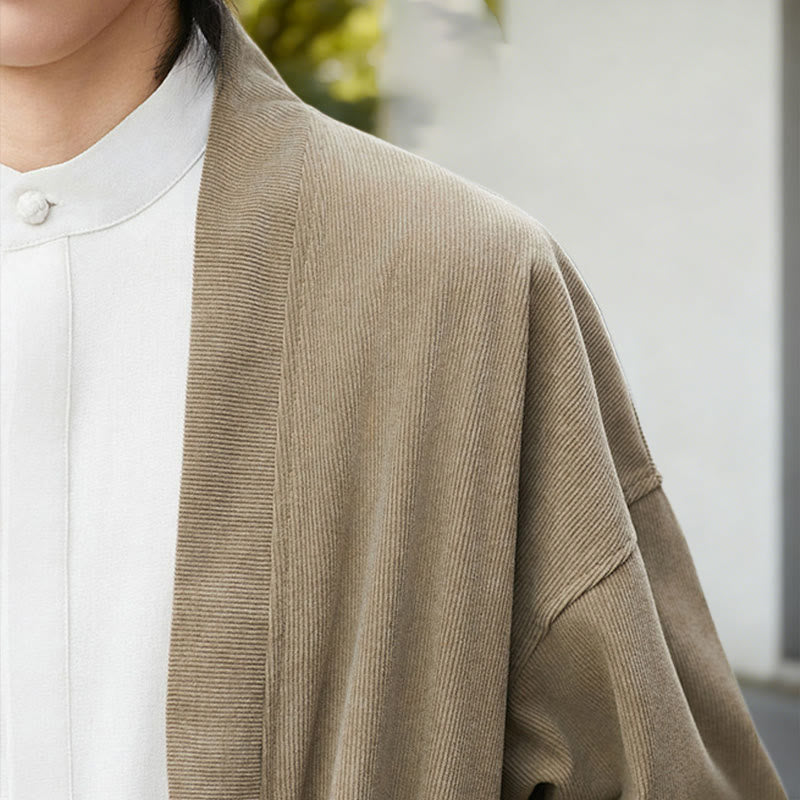 Nimara Ritual Solid Color Open Front Long Sleeve Corduroy Jacket Men's Kimono Cotton Linen Shirt