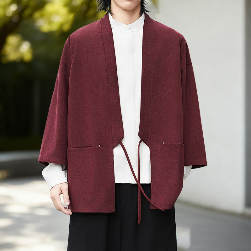 Nimara Ritual Fall Solid Color White Men's Long Sleeve Cotton Linen Shirt Corduroy Kimono