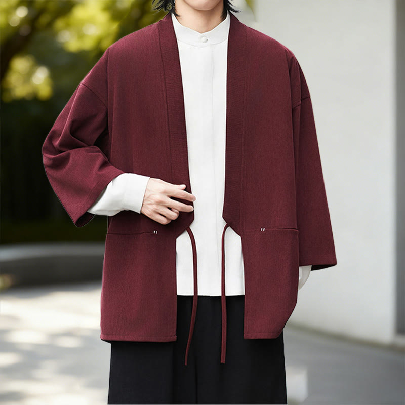 Nimara Ritual Fall Solid Color White Men's Long Sleeve Cotton Linen Shirt Corduroy Kimono