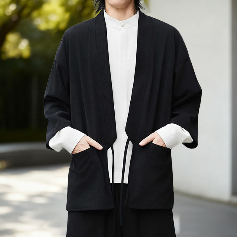 Nimara Ritual Fall Solid Color White Men's Long Sleeve Cotton Linen Shirt Corduroy Kimono