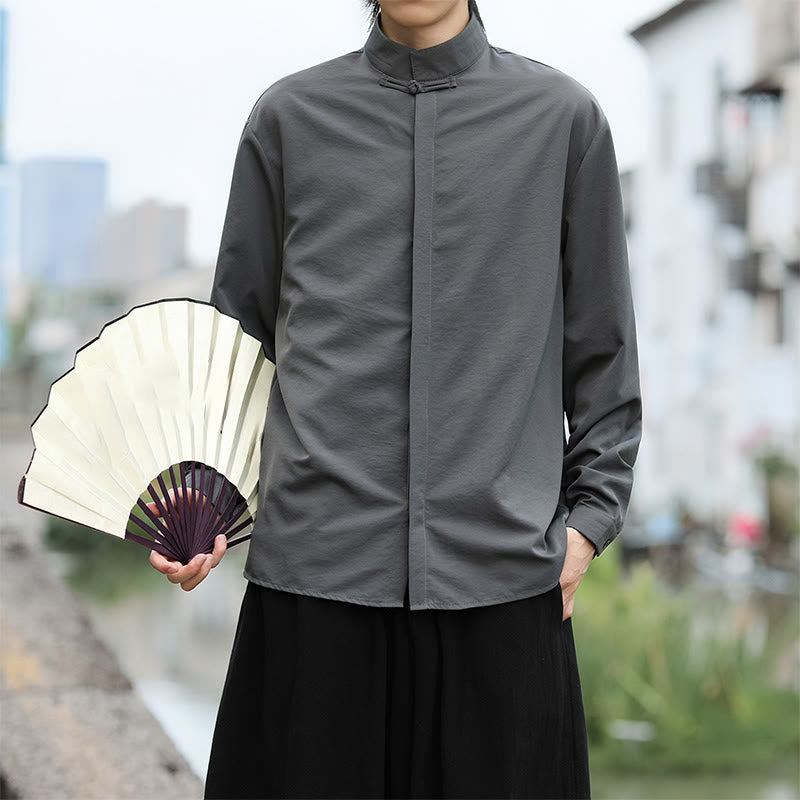 Nimara Ritual Solid Color One Frog-Button Long Sleeve Cotton Men's Shirt