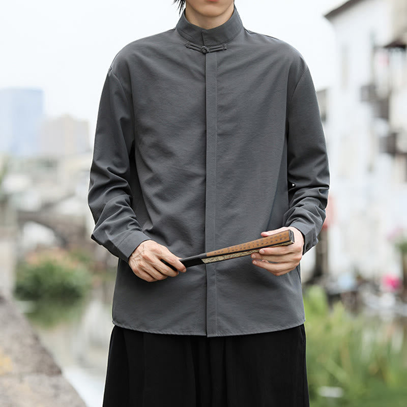 Nimara Ritual Solid Color One Frog-Button Long Sleeve Cotton Men's Shirt