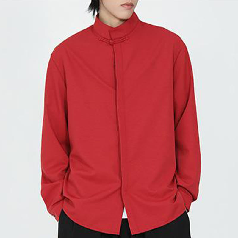 Nimara Ritual Solid Color One Frog-Button Long Sleeve Cotton Men's Shirt