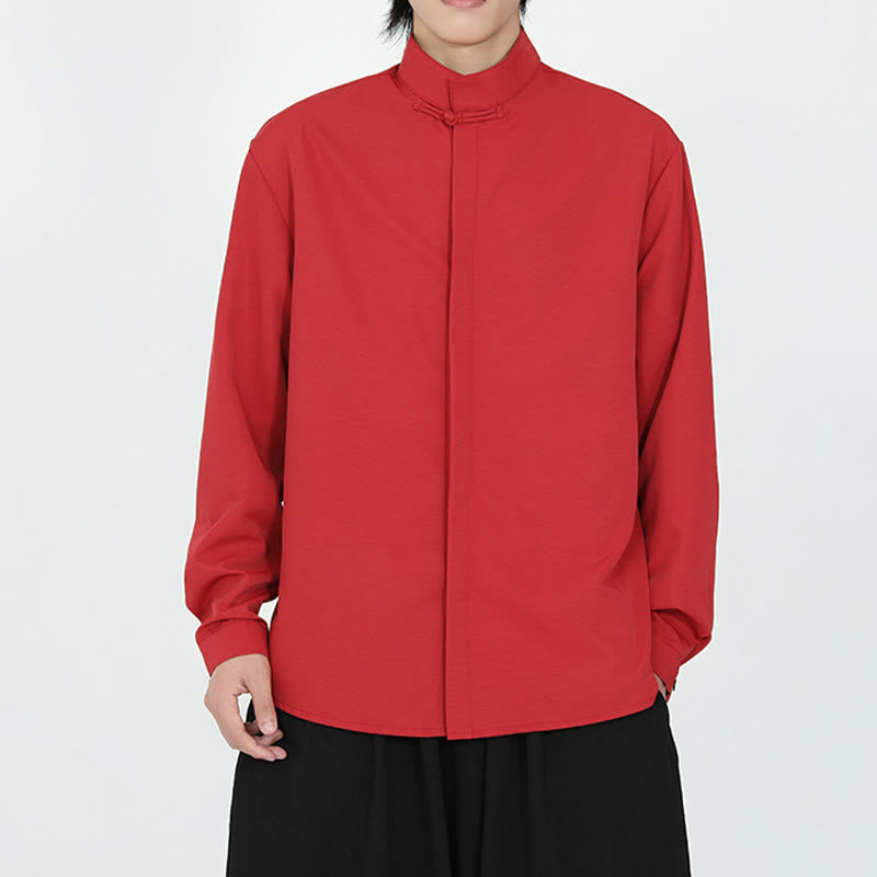 Nimara Ritual Solid Color One Frog-Button Long Sleeve Cotton Men's Shirt