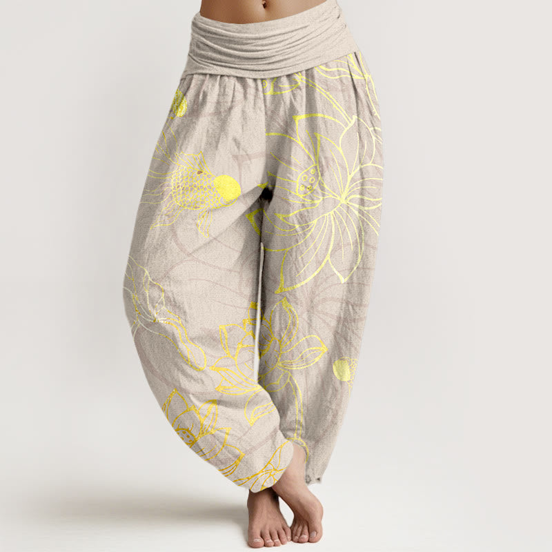 Nimara Ritual Pure Cotton Lotus Leaf Koi Fish Women's Elastic Waist Harem Pants