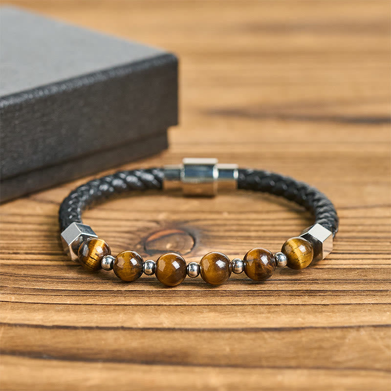 Nimara Ritual Tiger Eye Titanium Steel Courage Balance Leather Bracelet