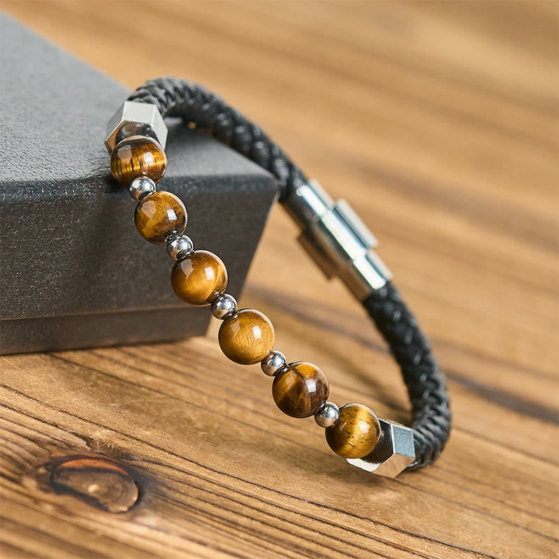 Nimara Ritual Tiger Eye Titanium Steel Courage Balance Leather Bracelet