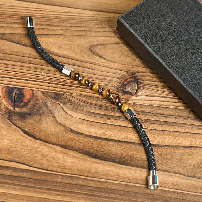 Nimara Ritual Tiger Eye Titanium Steel Courage Balance Leather Bracelet