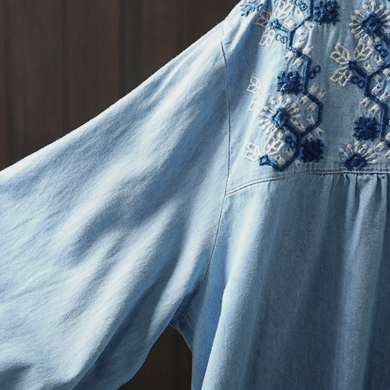 Nimara Ritual Geometry Floral Embroidery Cotton Denim Half Buttons Long Sleeve Women's Shirt