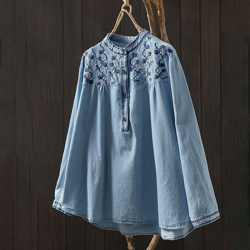 Nimara Ritual Geometry Floral Embroidery Cotton Denim Half Buttons Long Sleeve Women's Shirt