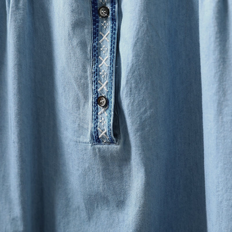 Nimara Ritual Geometry Floral Embroidery Cotton Denim Half Buttons Long Sleeve Women's Shirt