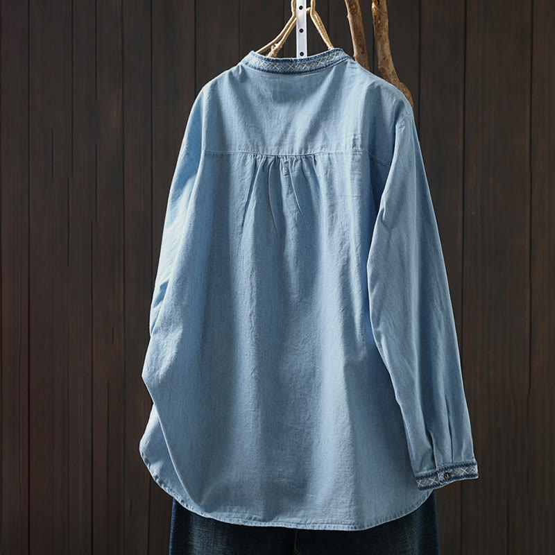 Nimara Ritual Geometry Floral Embroidery Cotton Denim Half Buttons Long Sleeve Women's Shirt