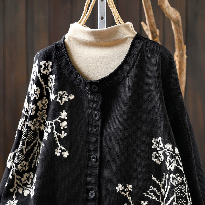 Nimara Ritual Floral Buttons Cotton Women's Long Batwing Sleeve Knitted Cardigan