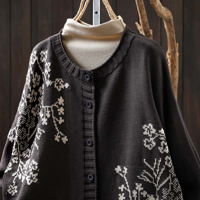 Nimara Ritual Floral Buttons Cotton Women's Long Batwing Sleeve Knitted Cardigan