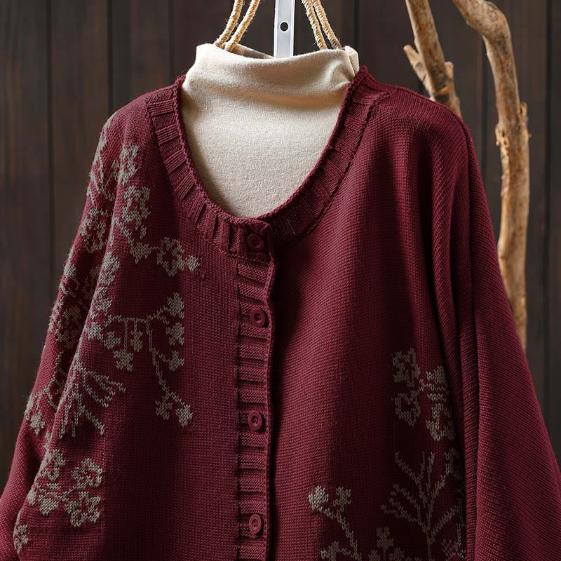 Nimara Ritual Floral Buttons Cotton Women's Long Batwing Sleeve Knitted Cardigan