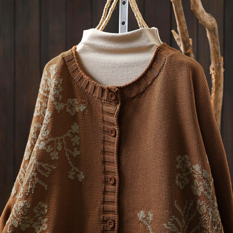 Nimara Ritual Floral Buttons Cotton Women's Long Batwing Sleeve Knitted Cardigan