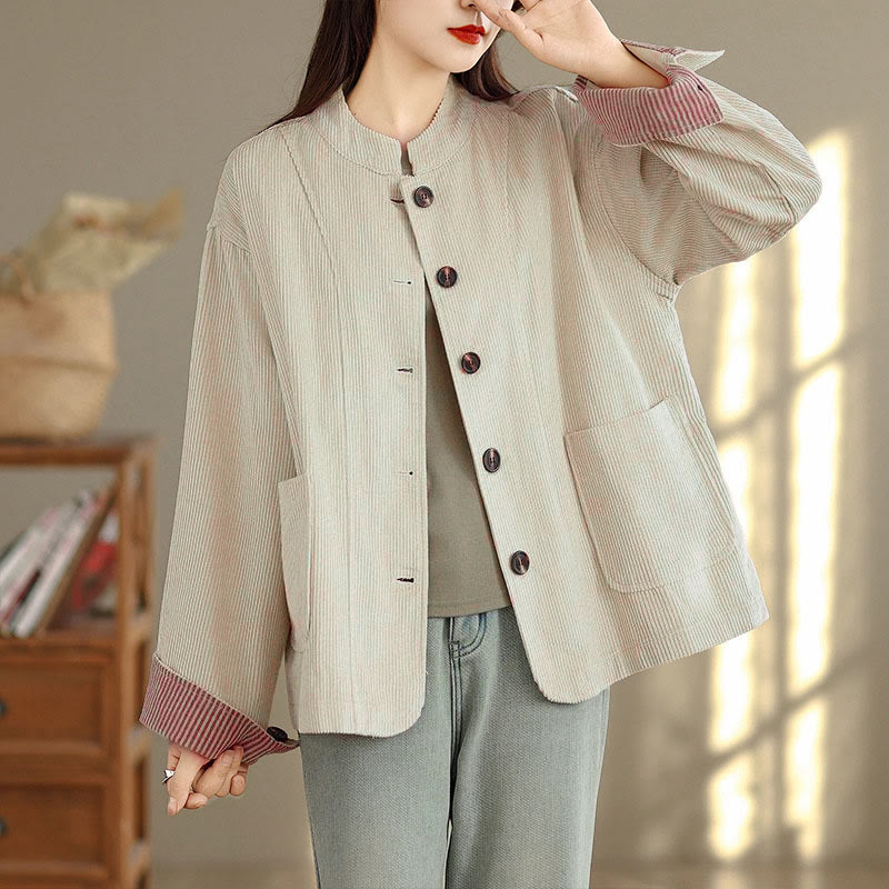 Nimara Ritual Buttons Design Corduroy Long Sleeve Women's Jacket With Pockets